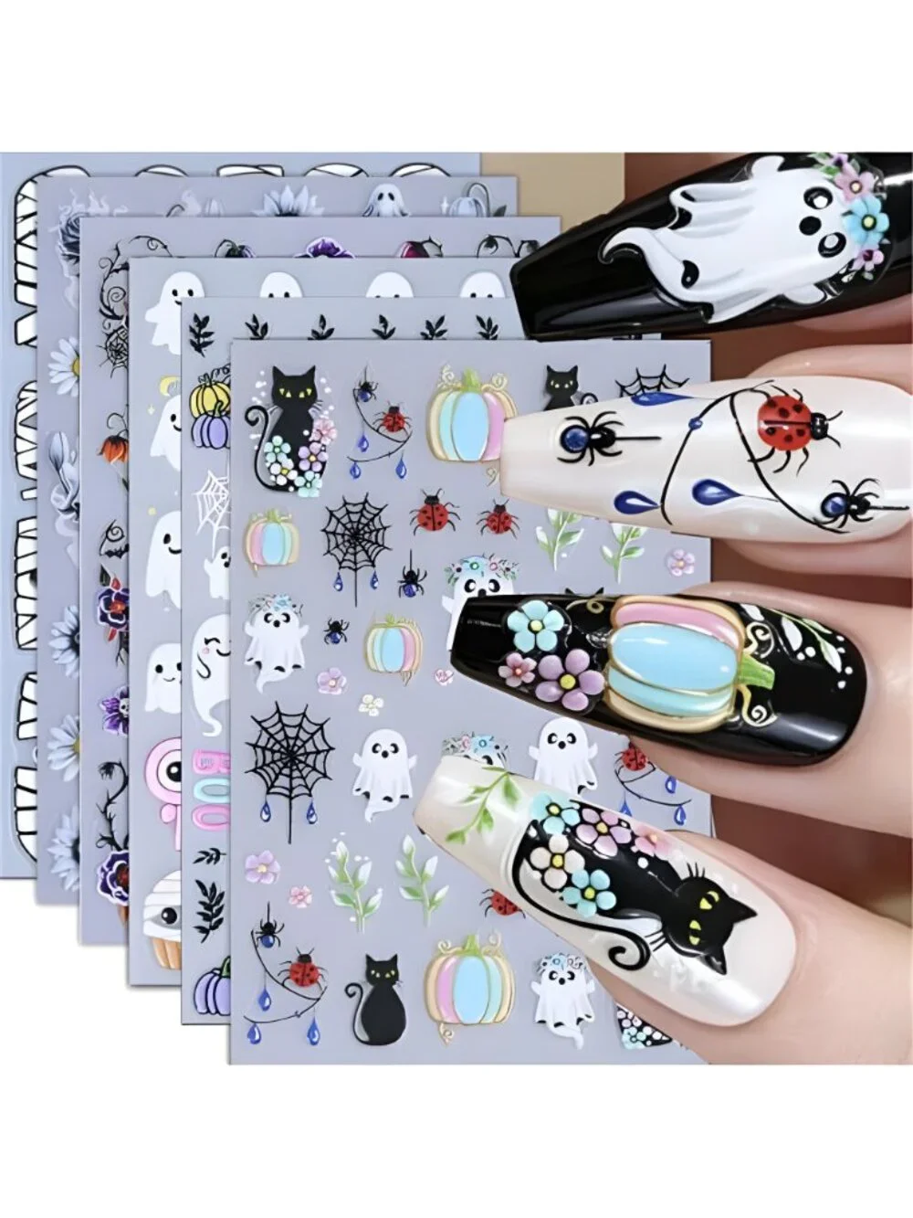 Halloween Nail Stickers for Nail Art 5D Ghost Flower Nail Decals Ghost Cat
